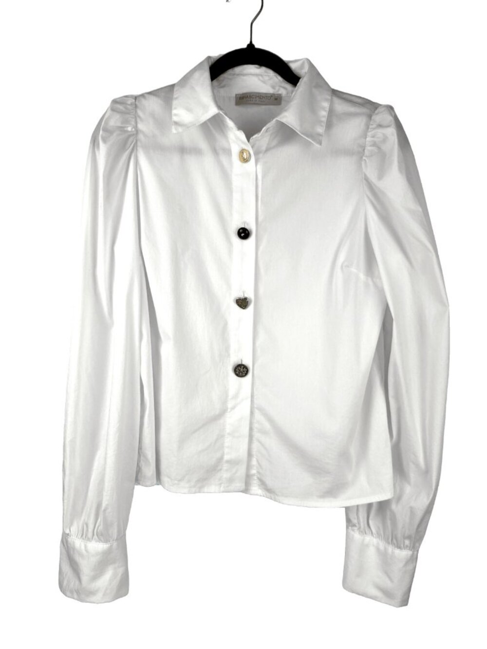 RINASCIMENTO Minimalist White Mismatched Buttons Puff Sleeve Button Down Shirt M